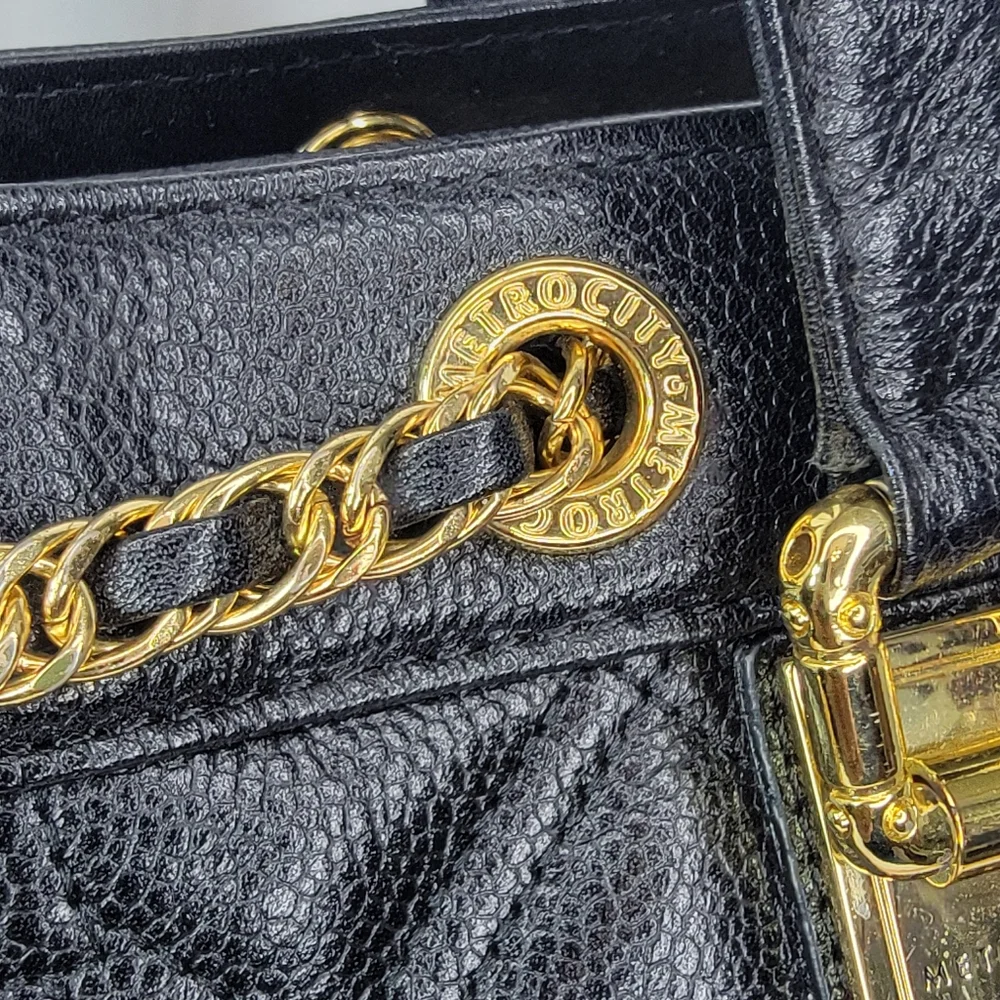Metrocity Luxury Brand Black Quilted Tote‎ Bag with Gold Accents
